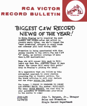 Western Record News: RCA Victor in-house Record Bulletin from November 28,  1 955, announcing release of first Elvis Presely single.