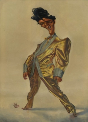Golden Caricatures Volume 1: caricature of Elvis by Jota Leal (gold background).
